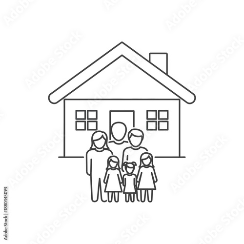 Family and Home Outline Icon. House with Parents and Three Children. Real Estate, Security, and Insurance Symbol Vector.