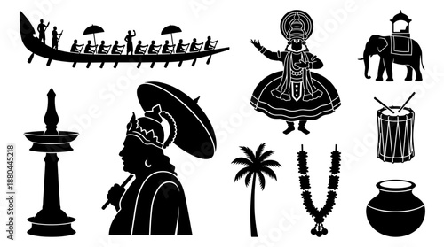 Black silhouette Onam vector collection featuring snake boat race King Mahabali and elephant for Kerala harvest festival graphic design elements and stencils.