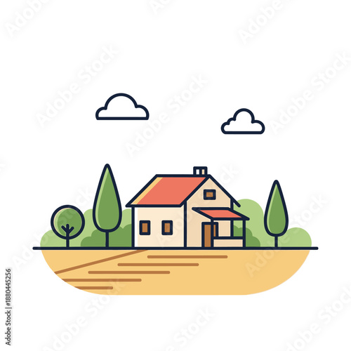 Flat Design House Illustration. Minimalist Vector Icon of a Cozy Family Home with Green Trees and Clouds on White Background.