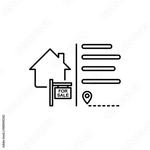 Real Estate Listing Icon: House with For Sale Sign, Property Details, and Location Pin. Line Art Vector Illustration for Home Search and Transaction Process.