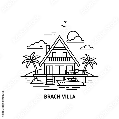 Minimalist Line Art Beach Villa Illustration with Yacht and Palm Trees. Tropical Waterfront Bungalow Vector Outline Icon for Travel and Real Estate.