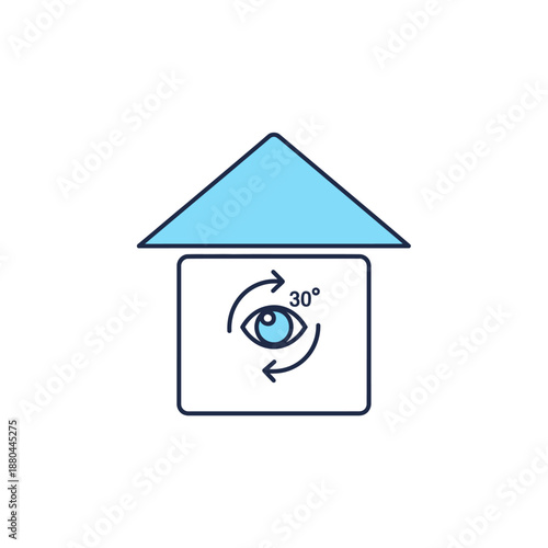 Smart Home Security Camera Viewing Angle Icon. Surveillance System with 30 Degree Rotation Restriction. Modern Housing and Monitoring Vector Graphic.