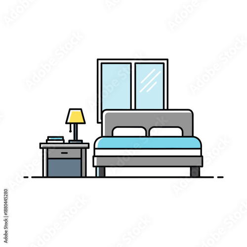 Minimalist Bedroom Interior Line Art Vector Icon. Modern Hotel or Home Sleeping Area with Bed, Nightstand, and Lamp.