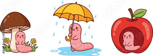 Cute cartoon worm characters vector illustration set with mushroom, umbrella in rain, and apple cozy scenes