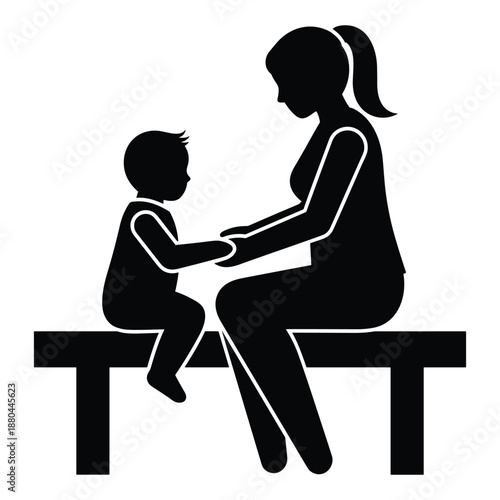 Mother and child holding hands on bench, simple black and white illustration