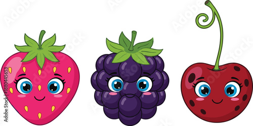 Cute cartoon berry fruit characters vector illustration set with strawberry, blackberry, and cherry smiling faces
