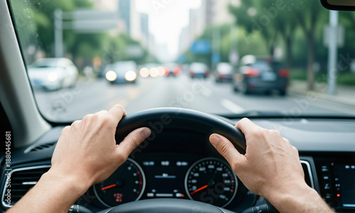 Point-of-view shot of hands on steering wheel city road ahead blurred  Generative AI