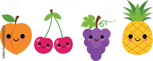 Cute kawaii fruit characters vector set with smiling peach cherry grapes pineapple illustrations for kids
