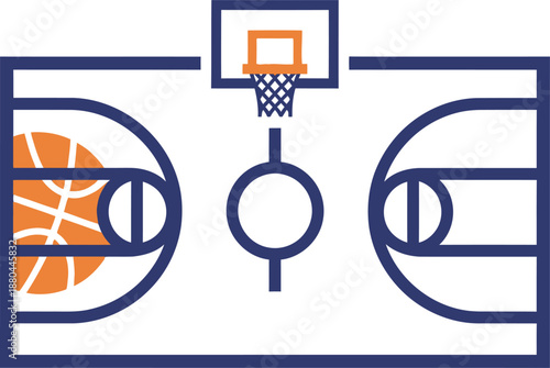 Professional basketball court vector icon. Featuring a clean court layout, hoop, and ball, it is perfect for team logos, tournament graphics, and athletic web design. Maximize your sports branding.