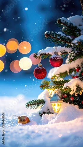 A close-up of a snow-covered evergreen branch adorned with sparkling red ornaments and warm lights during a gentle snowfall.