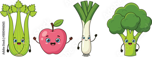 Cute cartoon vegetable and fruit characters vector illustration set with celery, apple, leek, and broccoli mascots