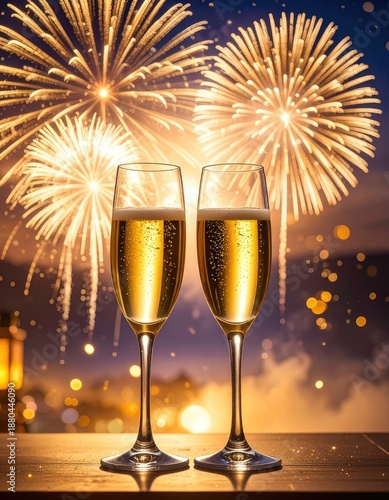 Two glasses of golden champagne toast beneath dazzling golden fireworks at twilight.