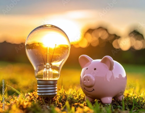 A glowing light bulb and a piggy bank sit together outdoors at sunset, symbolizing energy savings and financial planning.