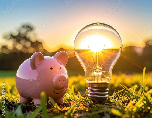 A piggy bank and a light bulb bathed in warm sunset light on green grass symbolize saving and bright ideas.