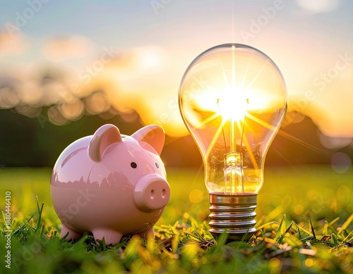 A glowing light bulb and a piggy bank sit side-by-side on green grass at sunset, symbolizing energy saving and financial growth.