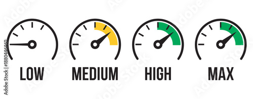 Analog speed level indicators set, vector dashboard gauges, low medium high max indicators, colorful infographic dials, power energy performance, editable illustration, isolated, modern vector design