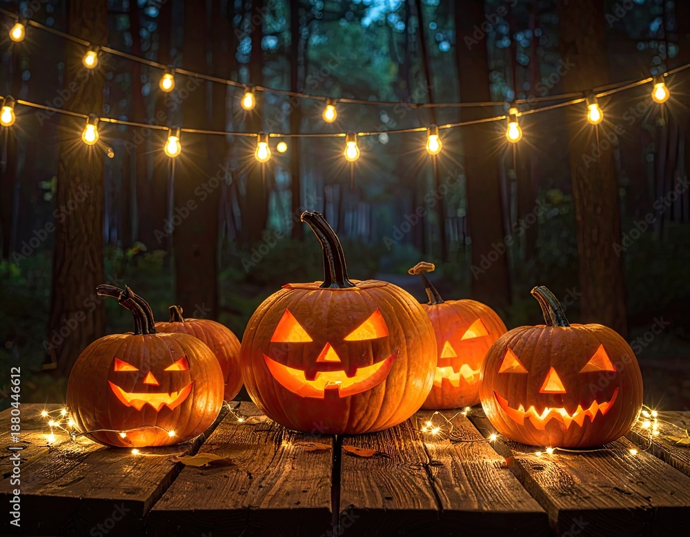 Fototapeta premium Illuminated Jack-o'-lanterns glowing on a rustic wooden table in a dark forest setting.