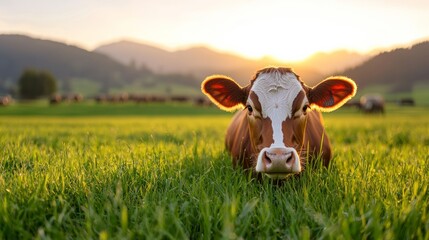 Calm cow grazing in lush green field at sunrise nature photography serene landscape captured at dawn