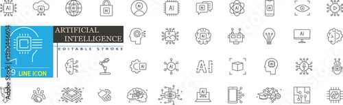 Artificial Intelligence Line Icons Set. AI Technology, Machine Learning, Automation & Editable Stroke. Vector