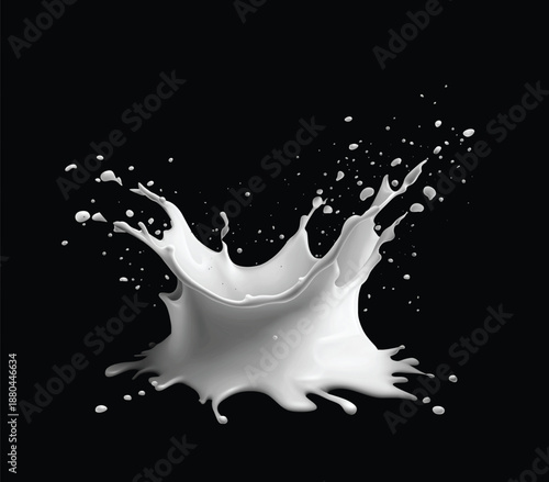A white liquid splash on a black background with a transparent texture