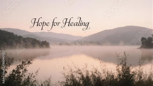 Inspirational Hope for Healing message over a serene misty lake at sunrise.