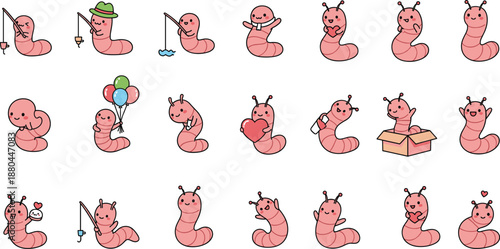 Cute cartoon worm character vector set with funny emotions, activities, poses, and playful expressions for kids illustration