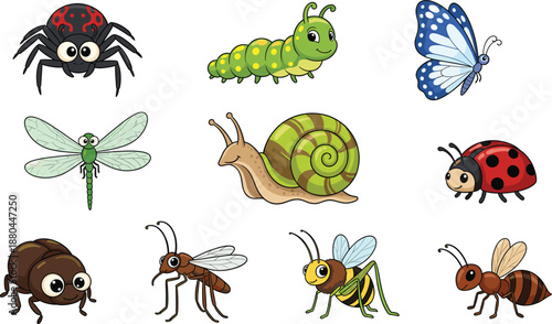 Cute cartoon insect characters vector set with butterfly, snail, spider, caterpillar, ladybug, ant, and dragonfly illustration