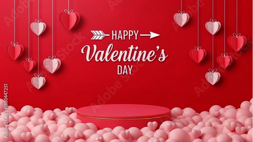 Happy Valentine's Day Greeting Card with Love Hearts and Pedestal for Gifts and Romance