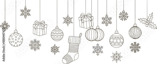Christmas hanging ornaments line art illustration with baubles, snowflakes, gift boxes and stocking isolated on white background for holiday design use