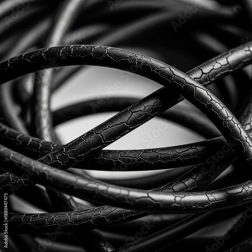 Old cracked black electrical cables in a macro view for industrial wear and maintenance failure concepts.
