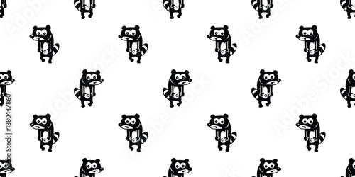 raccoon seamless pattern tanuki walking cartoon doodle pet leaf leave tile background repeat wallpaper gift wrapping paper illustration