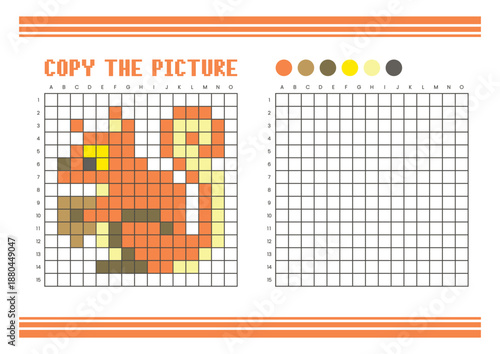 Copy the picture grid drawing worksheet for kids. Pixel art squirrel