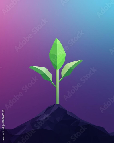 low-poly illustration, 3D plant, green sprout, seedling, digital art, minimal 3D, geometric design, young plant, growth concept, nature symbol, eco concept, sprouting plant, polygonal art, stylized 