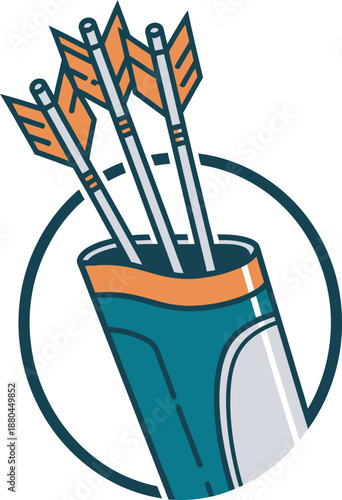 Professional archery quiver vector featuring three arrows with orange fletching in a modern teal and grey circular frame. Ideal for sports branding, tournament logos, and target shooting graphics.