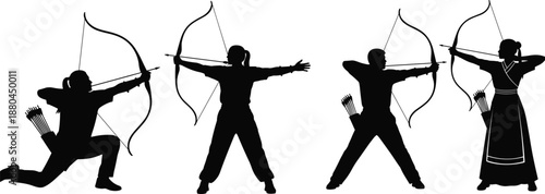 Set of Silhouettes Depicting Ancient Asian Archers and Female Warriors with Recurve Bows in Traditional Attire Practicing Kyudo Martial Arts and Historical Combat
