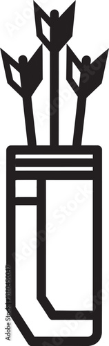 Professional black outline vector of an archery quiver with three arrows. Minimalist flat design perfect for hunting club branding, archery tournament logos, and target sport graphics. Scalable asset.