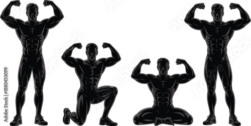 Muscular bodybuilder male silhouettes showing fitness poses, flexing muscles, strength training concept, gym workout illustration, black vector figures isolated on white