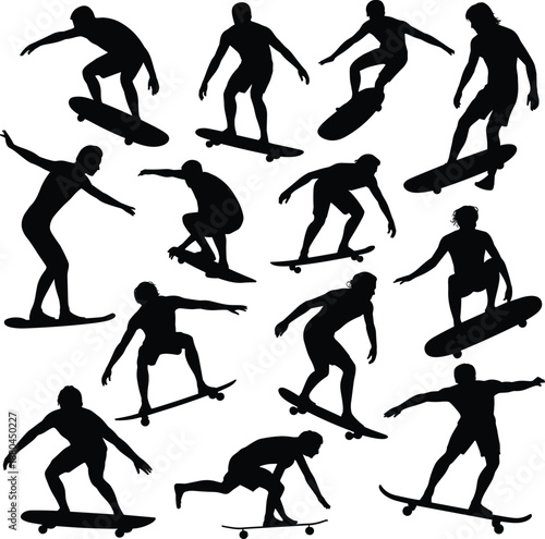 skateboarder, silhouettes, skateboarding, tricks, action, extreme, sport, motion, jump, urban, youth, lifestyle, riders, black, figures, isolated, white, background, vector, illustration