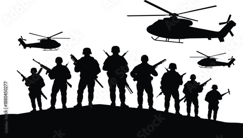 military, soldiers, silhouettes, army, combat, battlefield, helicopters, weapons, armed, forces, defense, security, war, patrol, black, figures, isolated, white, background, illustration