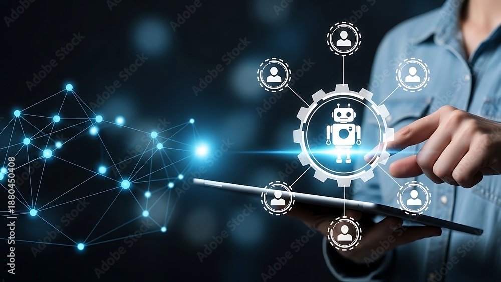 Fototapeta premium Person touching tablet screen with glowing robot and network graphic technology artificial intelligence