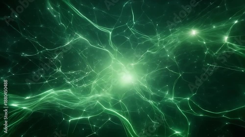 Neuron Network Glowing Green Connections.