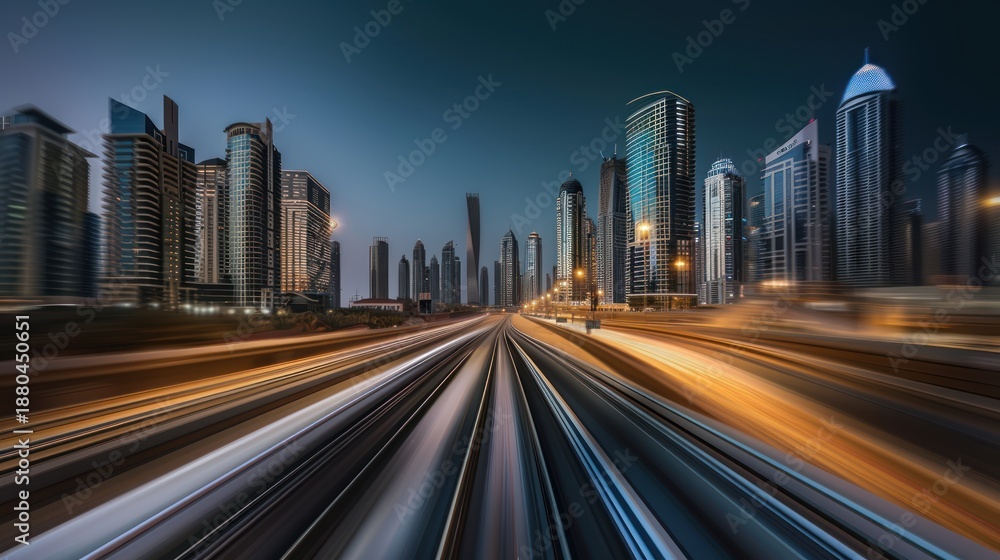 Fototapeta premium Modern City Skyline with Tall Skyscrapers at Night with Light Trails