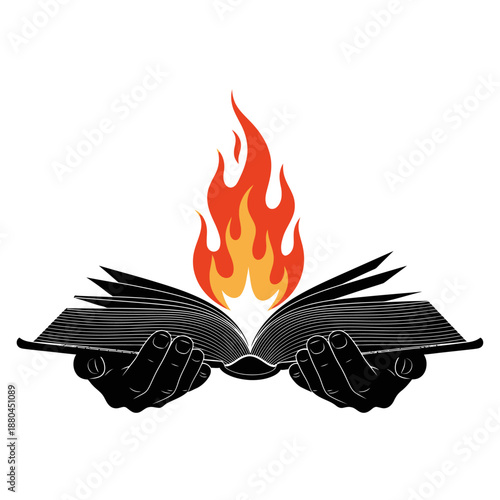 open book with hands holding it and flame rising from pages