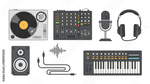 Professional Music Production Studio Equipment Vector Illustration Set Including Turntable Audio Mixer Microphone Headphones Speaker Synthesizer and Sound Wave
