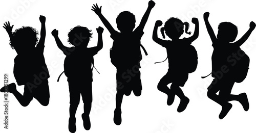 Happy school children silhouette jumping together with backpacks, joyful kids celebrating success, playful student group, black vector illustration isolated on white