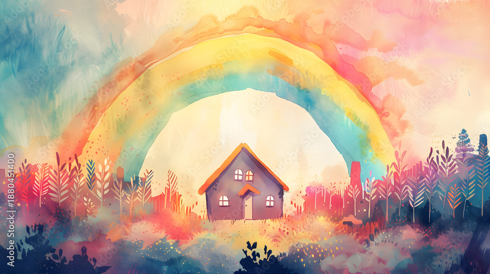 Fototapeta premium flat watercolor illustration rainbow behind house