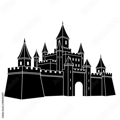 a black and white drawing of a medieval castle