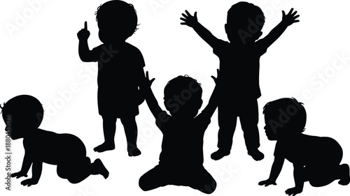 baby, silhouettes, toddlers, children, crawling, standing, playing, cute, childhood, growth, development, kids, poses, black, figures, isolated, white, background, vector, illustration