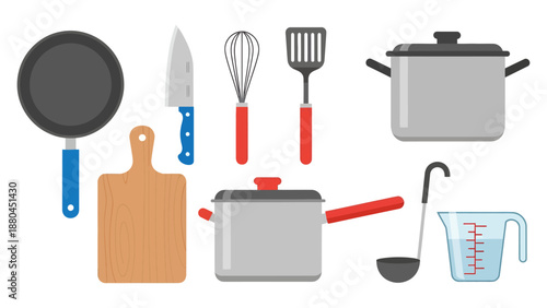 Flat vector illustration of various kitchen utensils and cookware icons including a frying pan, pot, knife, whisk, spatula, cutting board and a measuring cup.