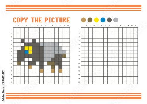 Copy the picture grid drawing worksheet for kids. Pixel art tapir
